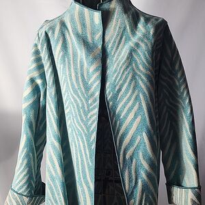 Reversible Aqua & Winter White Tapestry Open Jacket Oversized Medium